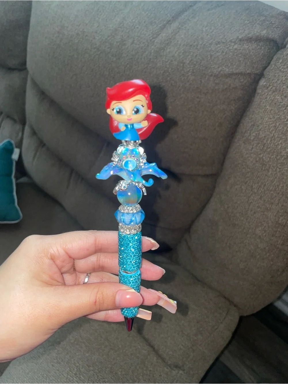 Blue Glitter Mermaid Pen with Red-Haired Mermaid Topper